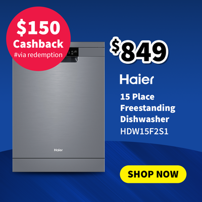 Haier 15 place freestanding dishwasher on sale for $849 - with a $150 cashback via redemption call out in a red circle. 