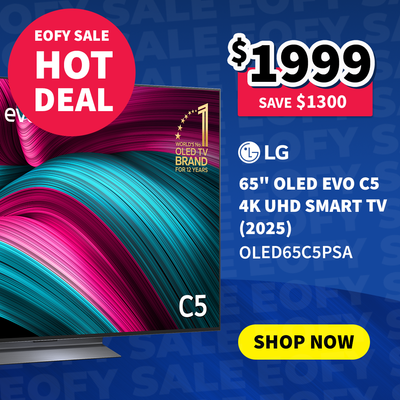 LG 65" OLED EVO C5 4k UHD SMART TV on sale now $1999 - Save $1300 - with an end of financial year sale hot deals call out in  a red circle.