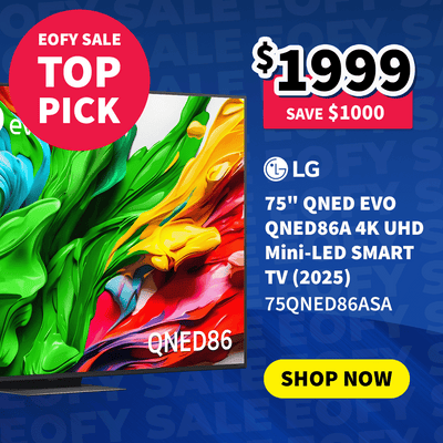 LG 75 QNED Evo QNED86A 4K UHD Mini-LED Smart TV on sale now $1999 - Save $1000 - with an end of financial year sale top pick call out in a red circle. 