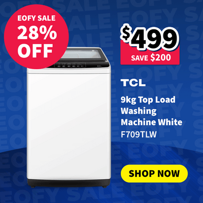 TL 9kg Top Load Washing Machine White on sale now $499 - Save $200 - with an end of financial year sale 28% off call out in a red circle. 
