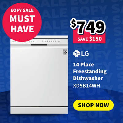 LG 14 Place Freestanding Dishwasher on sale now $749 - Save $150 - with an end of financial year sale must have call out in a red circle. 