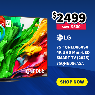 LG QNED86ASA TV advertisement with colorful display and pricing information on a blue background