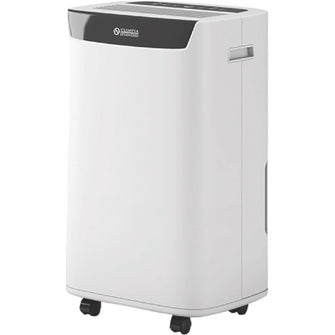 White Olimpia Splendid dehumidifier with a black top on a white background