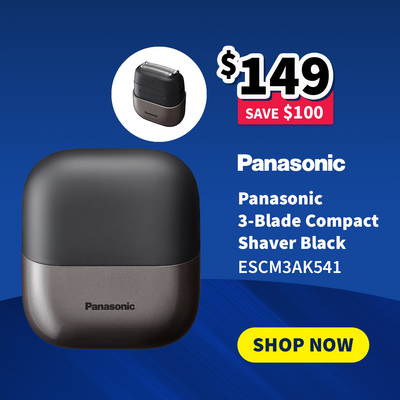 Panasonic 3-Blade Compact Shaver Black on a blue background with promotional text - on sale now $149 - Save $100