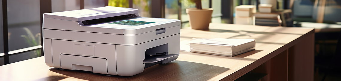 A modern white printer sits on a wooden desk, illuminated by natural light from a nearby window. The printer has multiple trays and appears to be multifunctional, including scanning capabilities. A stack of papers is neatly placed beside the printer, and in the background, there are shelves holding various office supplies.