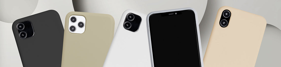 Five modern smartphones with cases in various colors (black, beige, white) displayed against a light background.