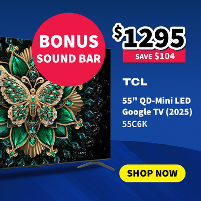 Angle view of the TCL 55" QD-Mini LED Google TV on a blue background with a bonus sound bar call out - on sale for $1295 - Save $104.