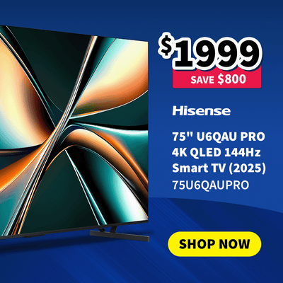 Angle view of the Hisense 75" U6QAU PRO 4K QLED 144Hz Smart tv on sale $1999 - Save $800