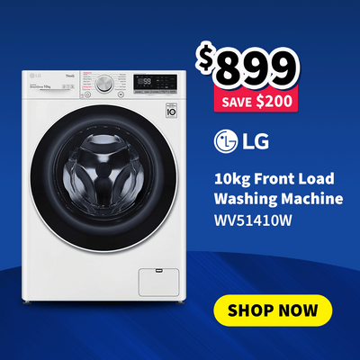 LG 10kg front load washing machine on sale now $899 - Save $200
