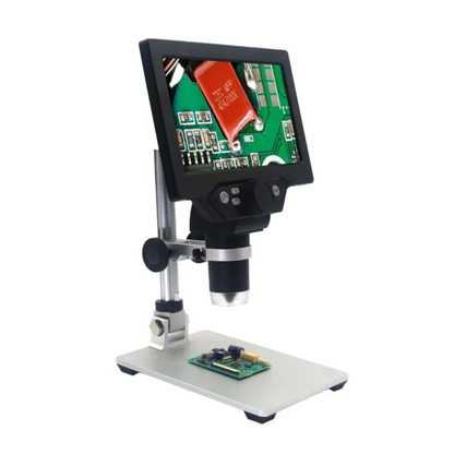 Digital LCD microscope with adjustable stand for precision PCB inspection, electronics repair and soldering, featuring high magnification and sharp full-colour display.