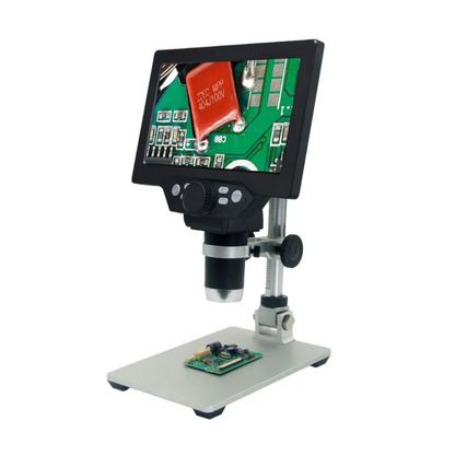Digital LCD microscope with adjustable stand for precision PCB inspection, electronics repair and soldering, featuring high magnification and sharp full-colour display.