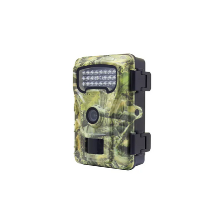 Compact trail camera with infrared night vision and camouflage casing, ideal for wildlife monitoring, outdoor surveillance, and motion detection in remote or rural environments.