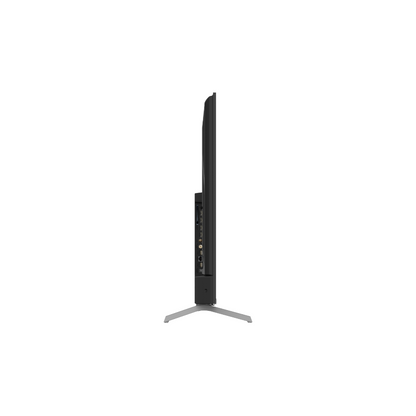 Side view of a Chiq QLED 4K TV, showing the connection ports, thickness of the TV and length of the legs.