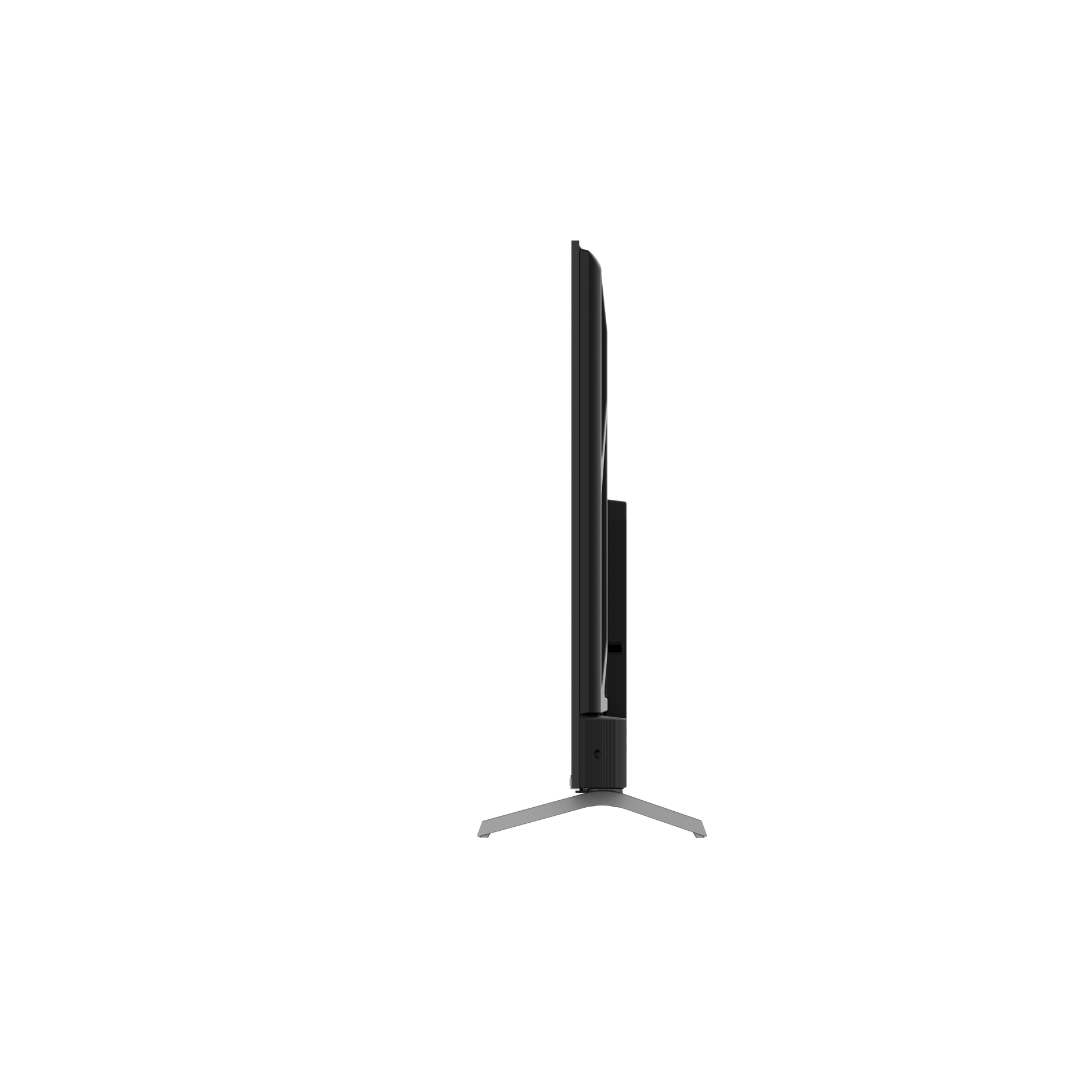 Side view of a Chiq QLED 4k TV, showing the thickness of the TV and the length of the legs.
