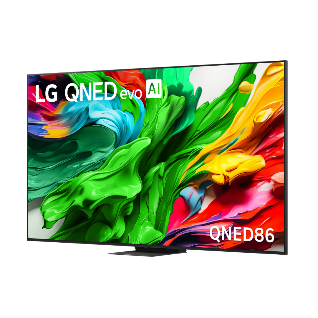 Angled left view of LG QNED86 TV featuring a vibrant QNED evo AI display with ultra-thin bezels and sleek modern design ideal for premium home entertainment setups. 