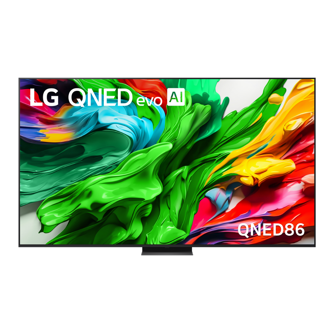 Front view of the LG QNED86 TV showcasing its QNED evo AI display with vivid colours and ultra-slim bezels for a modern, immersive viewing experience.