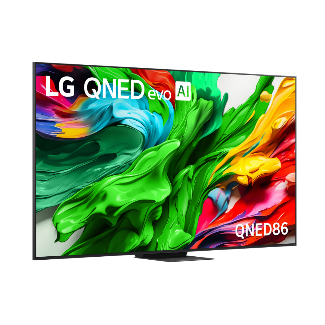 Angled front view of the LG QNED86 TV featuring a vibrant QNED evo AI display with ultra-slim bezels and bold colours on screen. 
