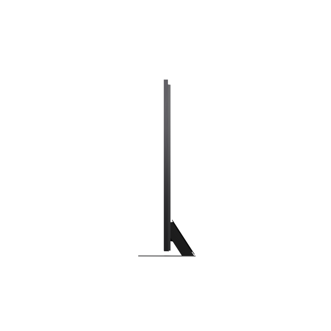 Side profile view of the LG QNED86 TV showcasing its ultra-slim design and minimalist stand in black finish against a white background. 