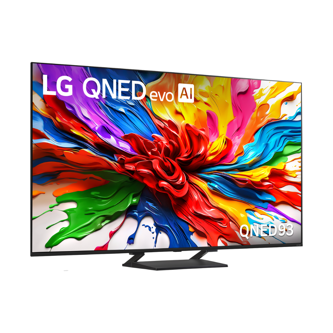 Angle view of the LG QNED93 evo AI TV displaying a vibrant splash of colours on screen showcasing ultra-bright and vivid QNED display technology. 
