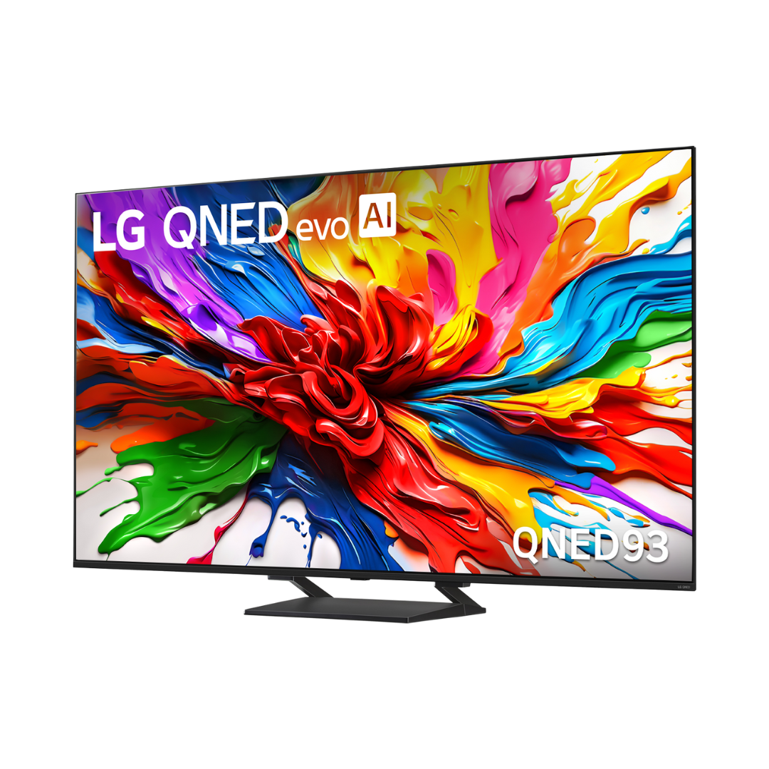 Angle view of the LG QNED93 evo AI TV displaying a vibrant splash of colours on screen showcasing ultra-bright and vivid QNED display technology. 
