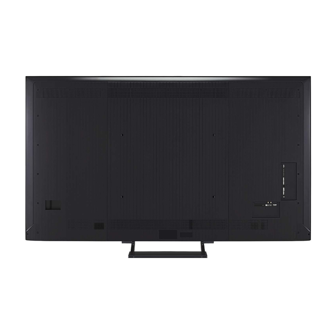 Back view of the LG QNED93 evo AI TV showcasing it's modern design as well as connection ports. 