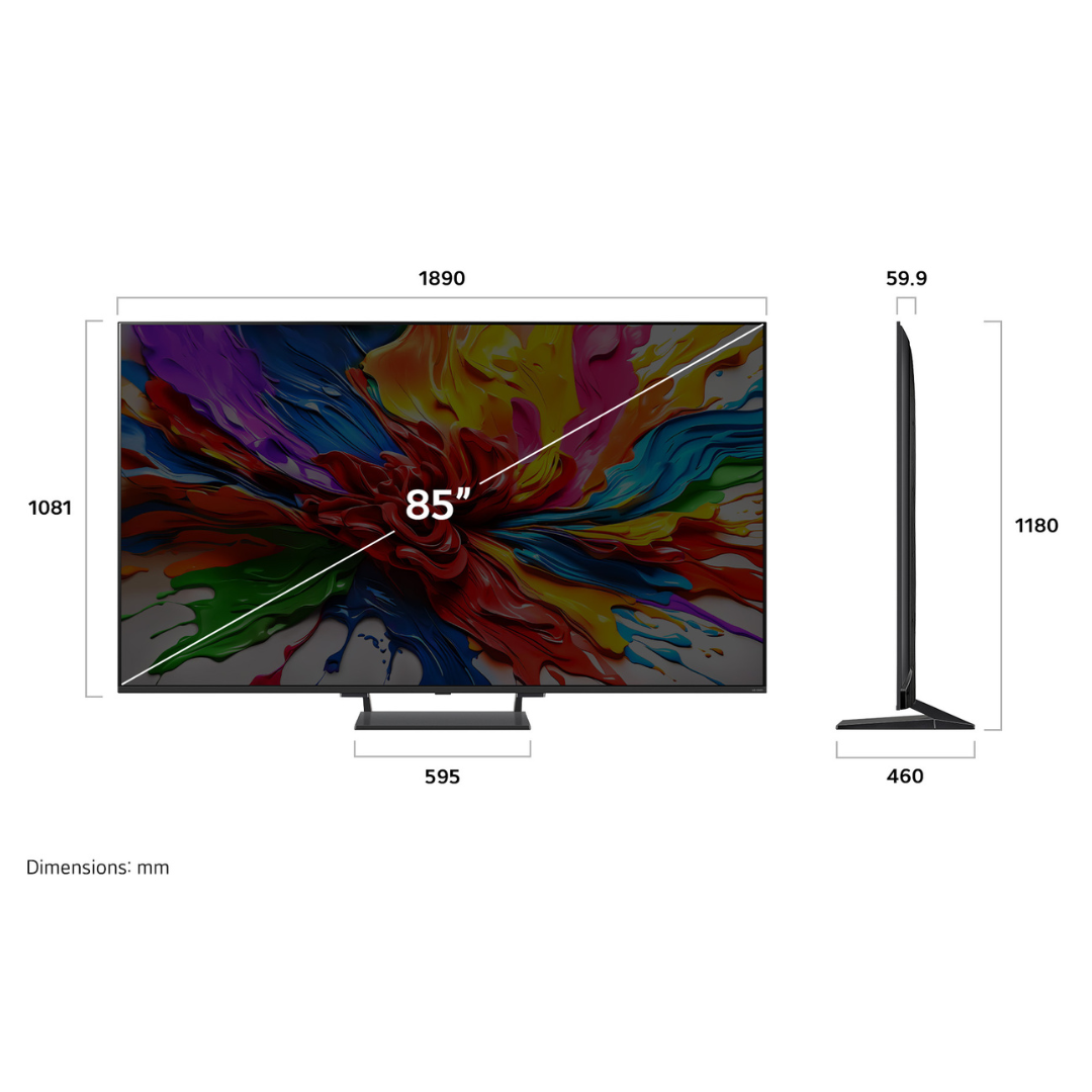 Front and side view of the LG QNED93 showcasing the dimensions of the TV
