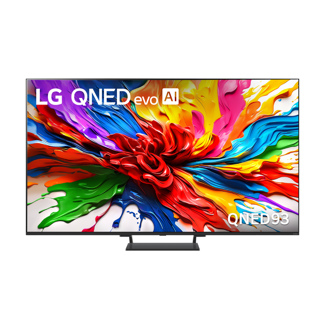 Front view of the LG QNED93 evo AI TV displaying vibrant splash of colours on screen, showcasing ultra-bright and vivid QNED display technology.