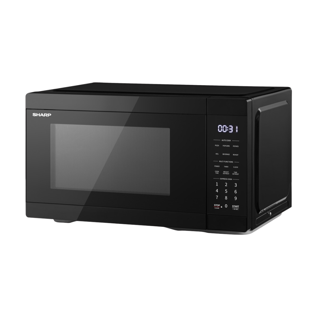 Angle view of the Sharp 31L microwave in black with the door closed, showing the digital display and touch control.