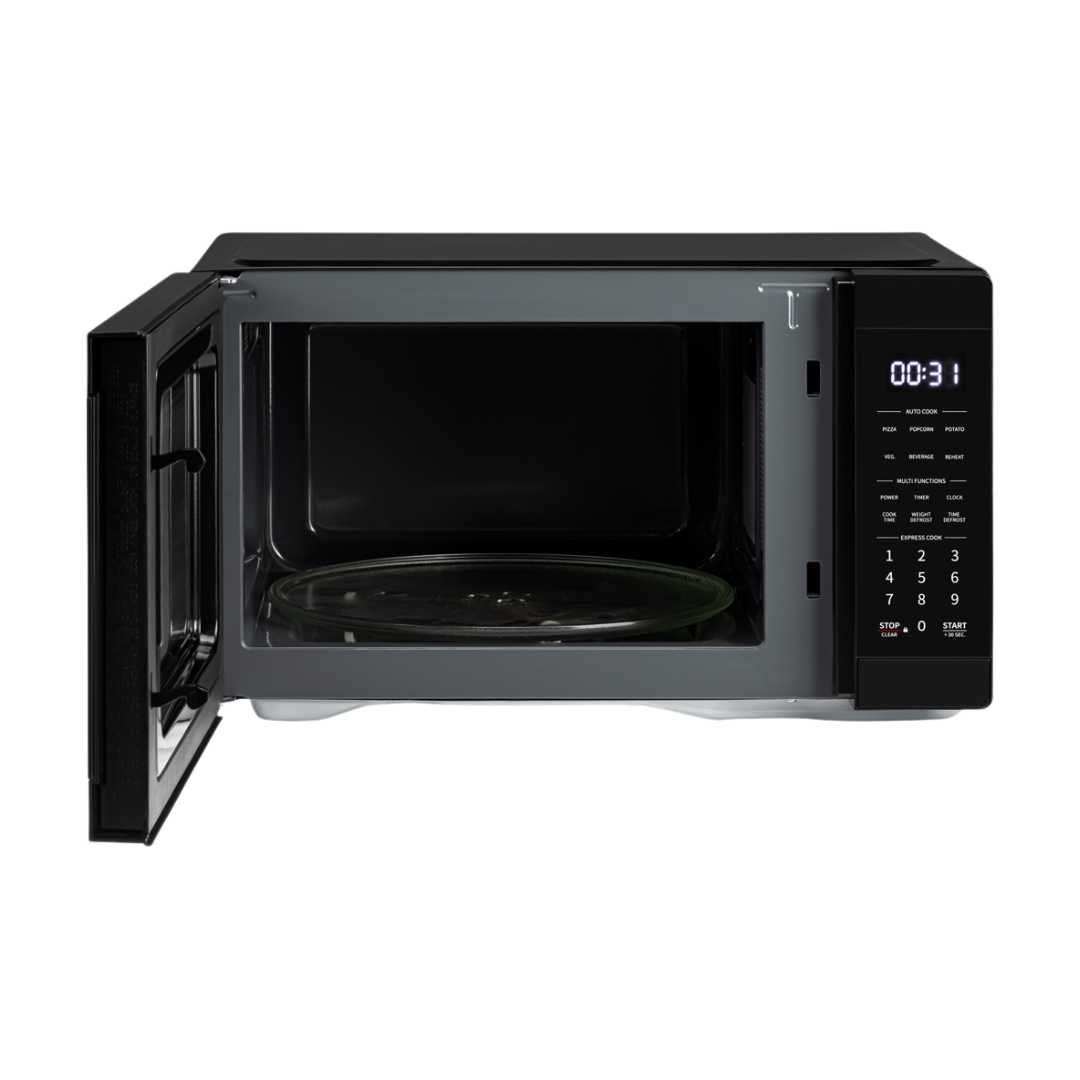 Front view of the Sharp 31L microwave in black with the door open, showing the turntable, digital display and touch controls.