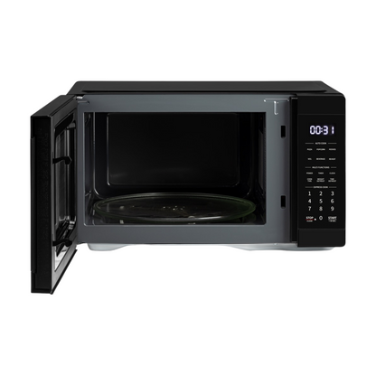 Front view of the Sharp 31L microwave in black with the door open, showing the turntable, digital display and touch controls.