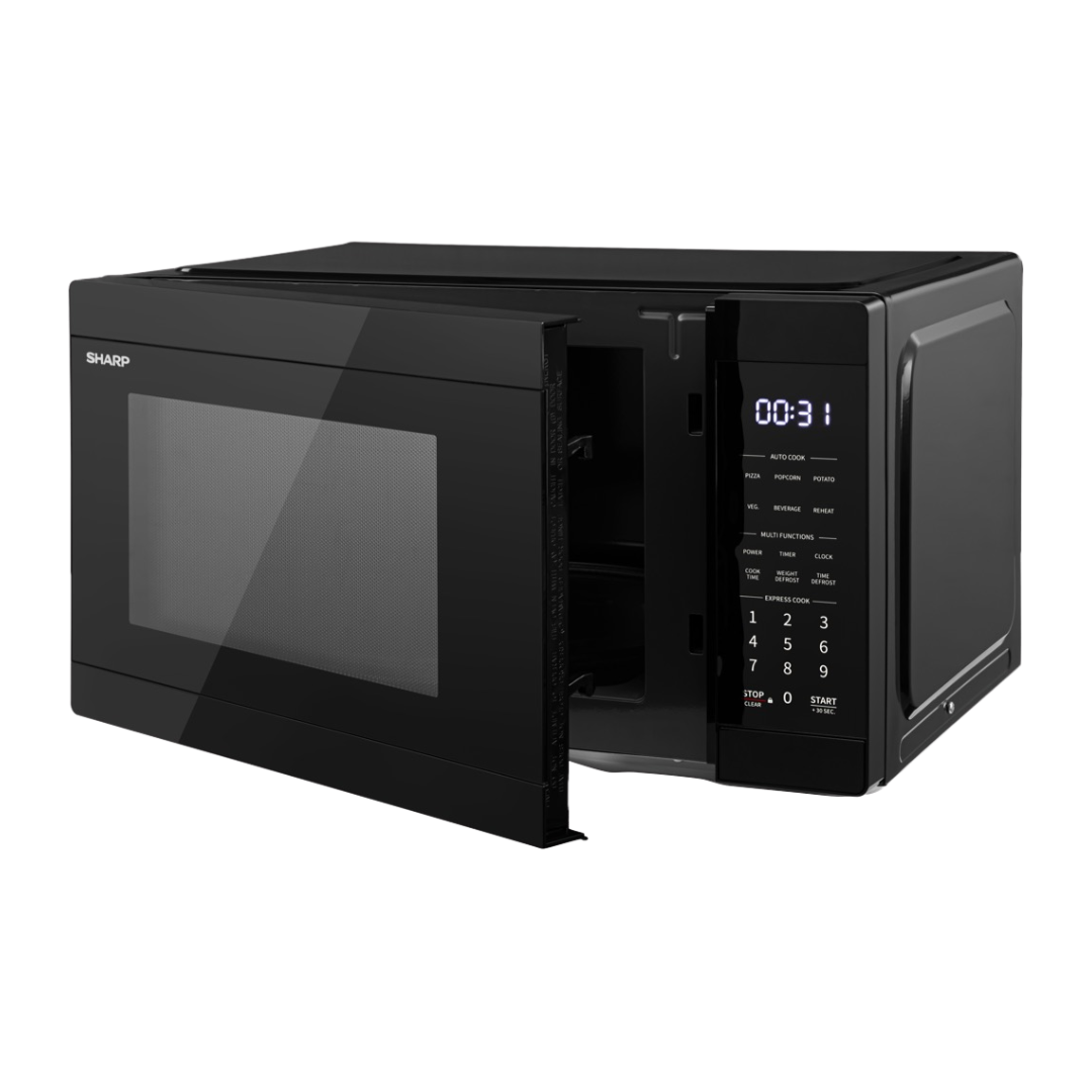 Angle view of the Sharp 31L microwave in black with the door slightly open, exposing a little of the turntable, showing the digital display and touch controls.