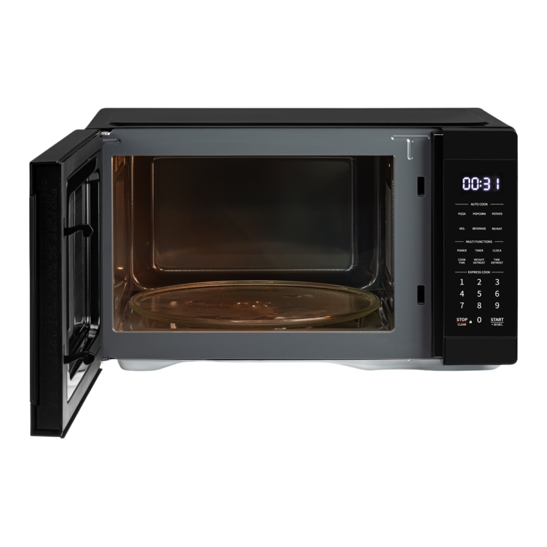 Front view of the Sharp 31L microwave in black with the door open, exposing the turntable, with the internal light on, showing the digital display and touch controls.