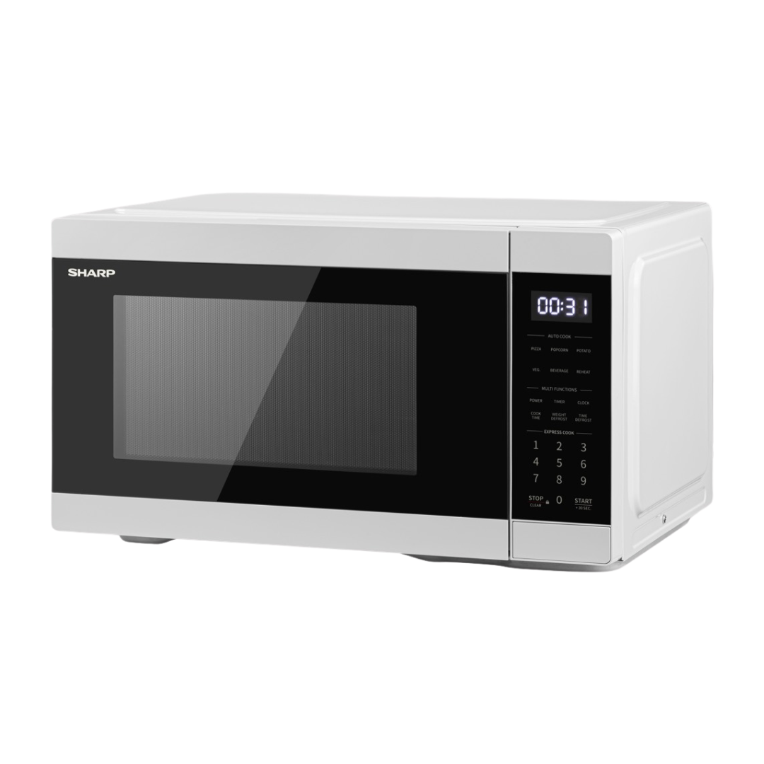 Angle view of the Sharp 31L microwave in white with the door closed showing the digital display and touch controls.
