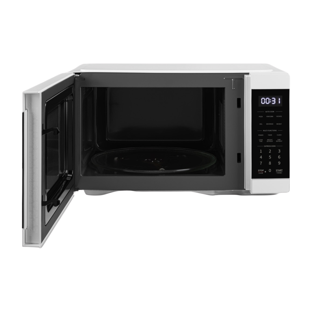 Front view of the Sharp 31L microwave in white with the door open, exposing the turntable, showing the digital display, and touch controls.