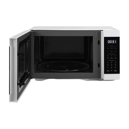 Front view of the Sharp 31L microwave in white with the door open, exposing the turntable, showing the digital display, and touch controls.