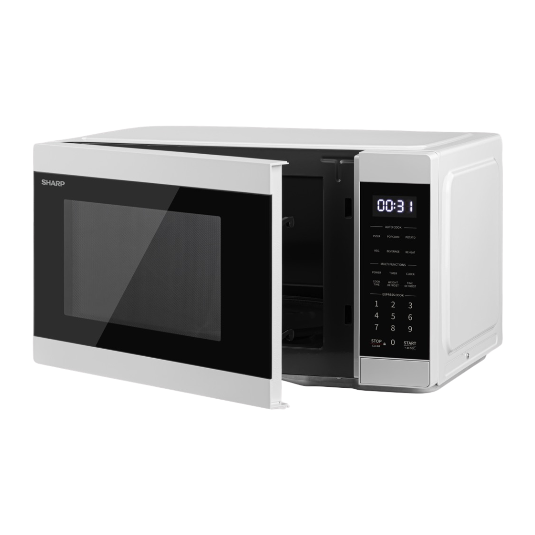Angle view of the Sharp 31L microwave in white with the door slightly open, showing some of the turntable, a digital display and touch controls.