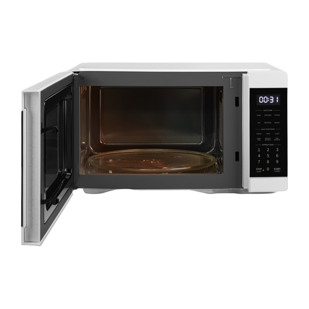 Front view of the Sharp 31L microwave in white with the door open, showing the turntable, internal light turned on, digital display and touch controls.
