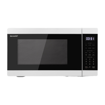 Front view of the Sharp 31L Microwave in white, with a digital display, touch control panel, and auto lock setting. 