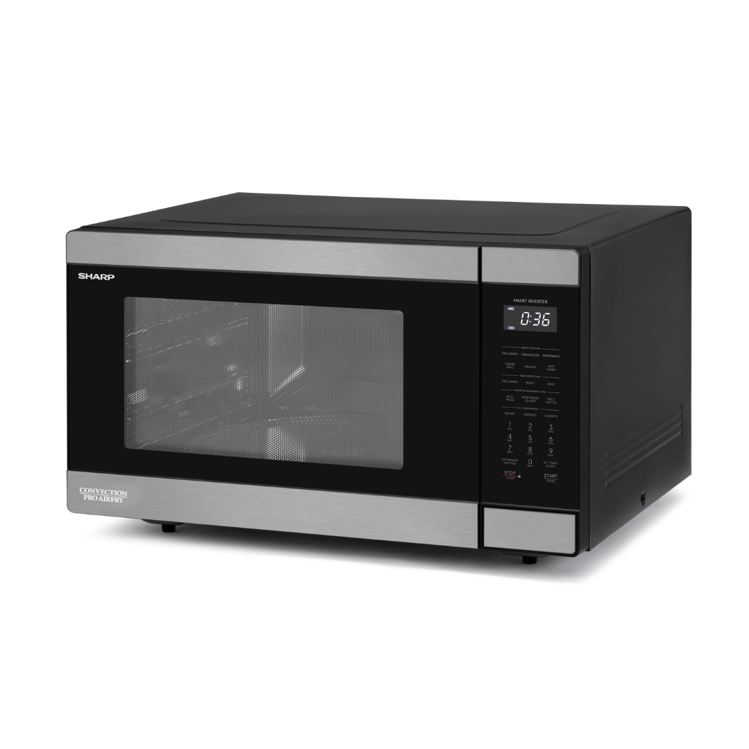 Black and silver Sharp microwave oven on a white background