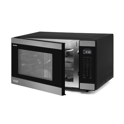 Black and silver Sharp microwave oven on a white background