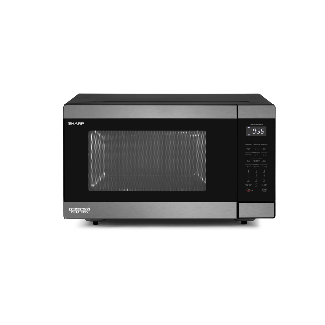 Black Sharp microwave oven on a white background