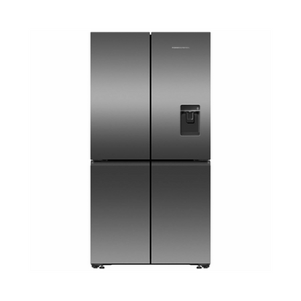 Front view of the Fisher & Paykel 538L quad door fridge in a black stainless steel finish, showing the ice and water dispenser.
