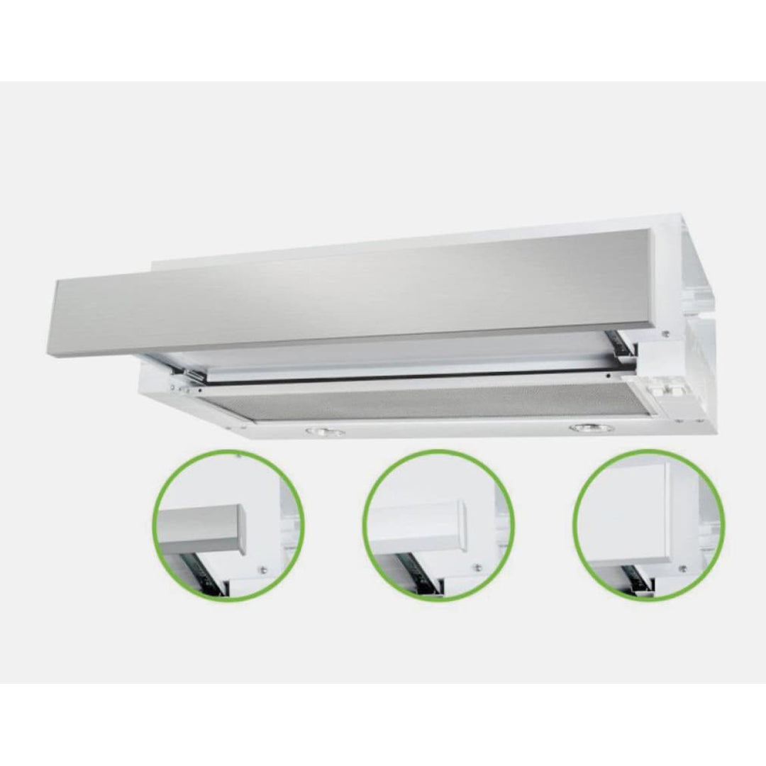 Robinhood 600mm Slideout Rangehood with interchangable Stainless Steel or White fascia, In 32mm & 80mm size. (4 Fascia's in the box.)  397 m3/hr Gross Extraction Rate. 2 Speed Settings. 2 x Halogen Lights. - RO61SSWH80 image_1
