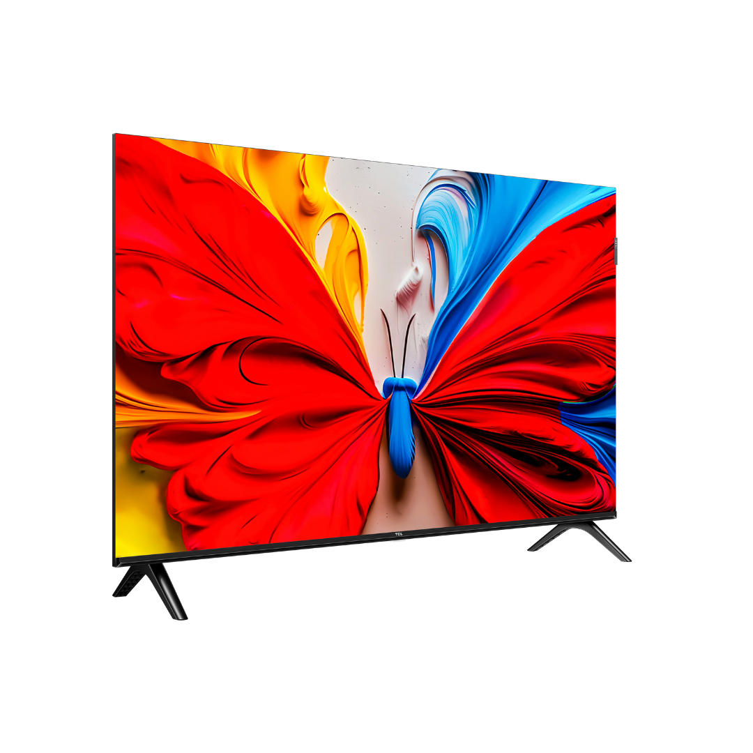 Angled left view of TCL QLED Android TV displaying a vivid butterfly design, with slim bezels and dual stand legs for stylish support. 
