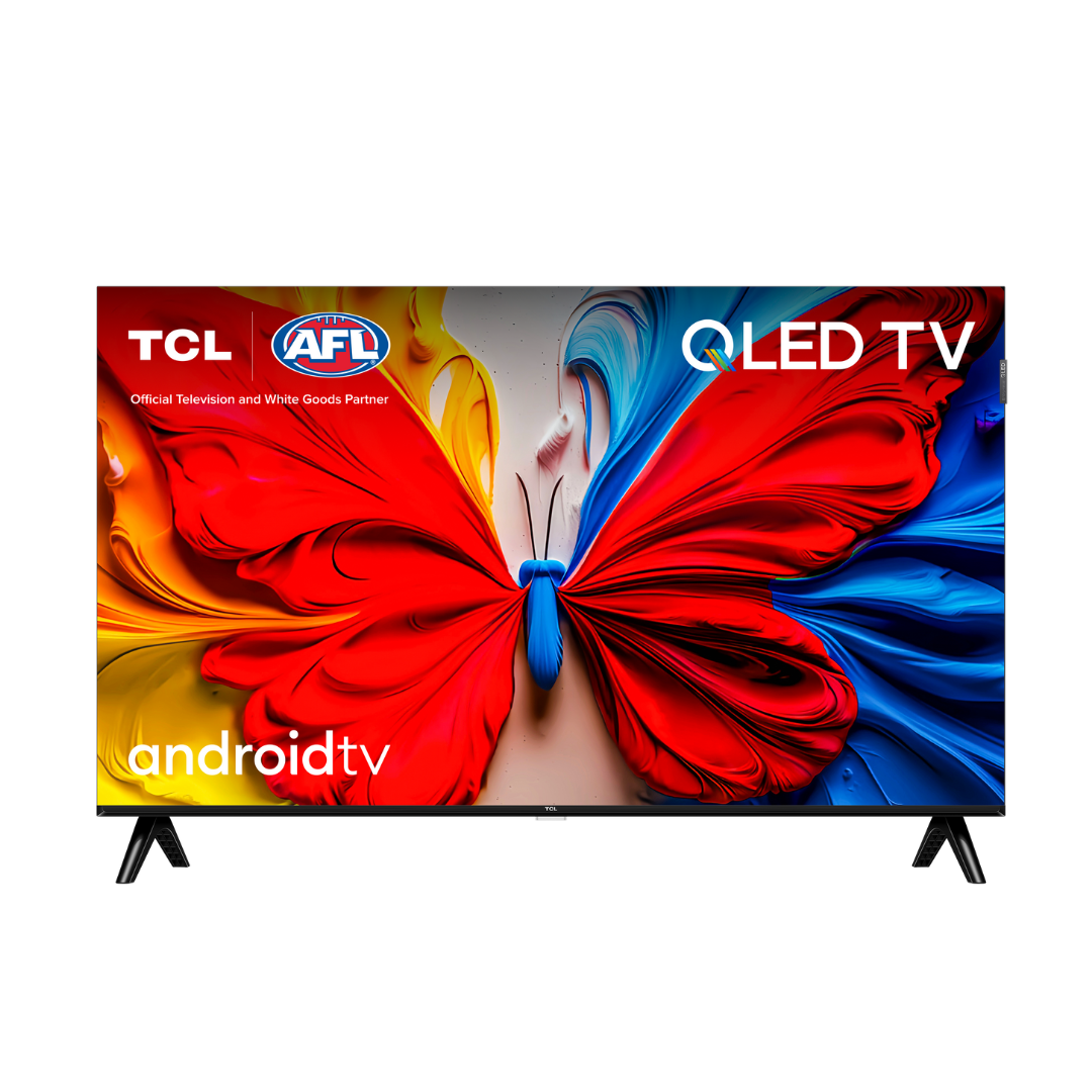 TCL QLED Android Tv front view displaying vibrant butterfly graphic, AFL partnership branding, and slim bezel screen on wide set legs. 