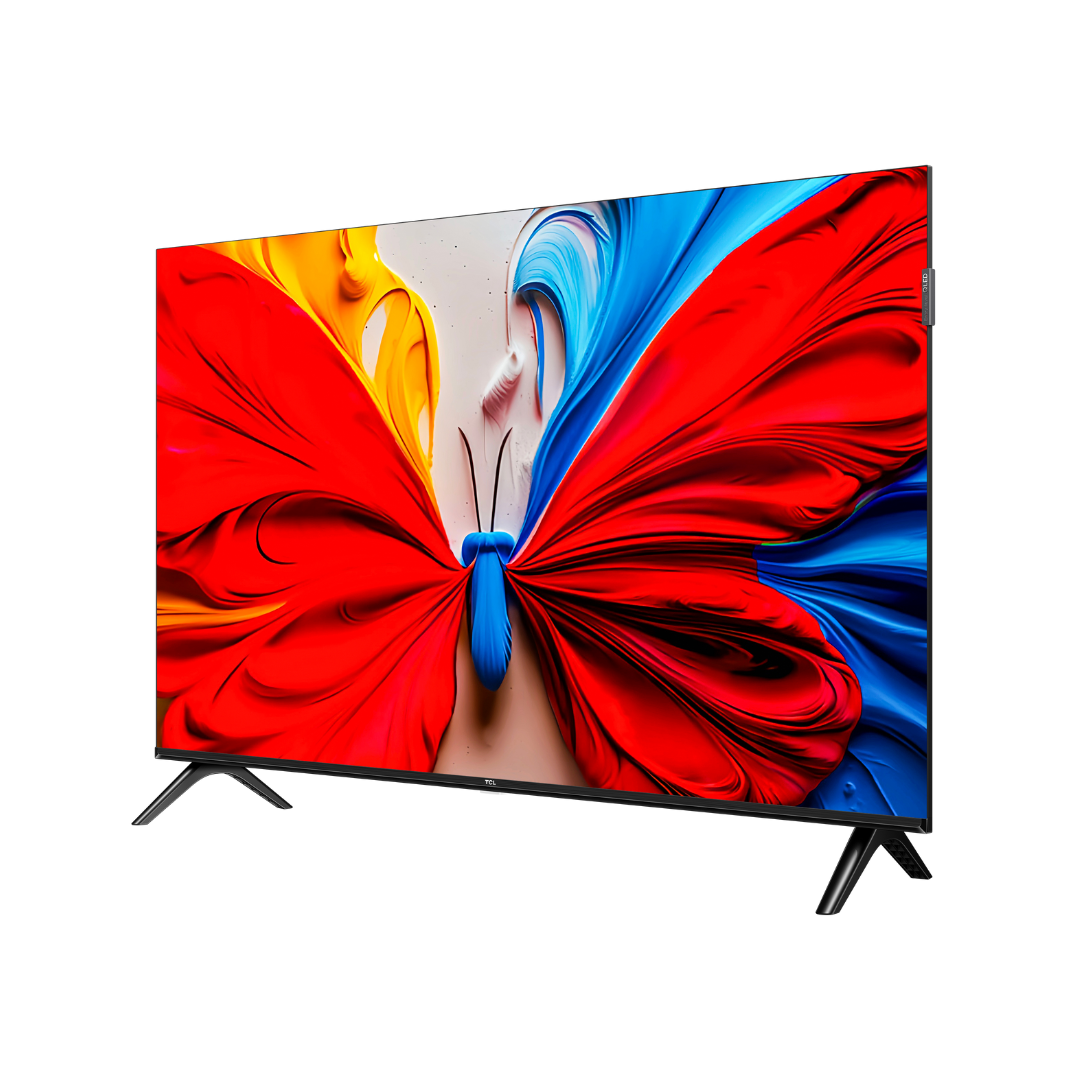 TCL TV front right angled view displaying vivid butterfly imagery on screen with slim bezzles and wide-set stand.