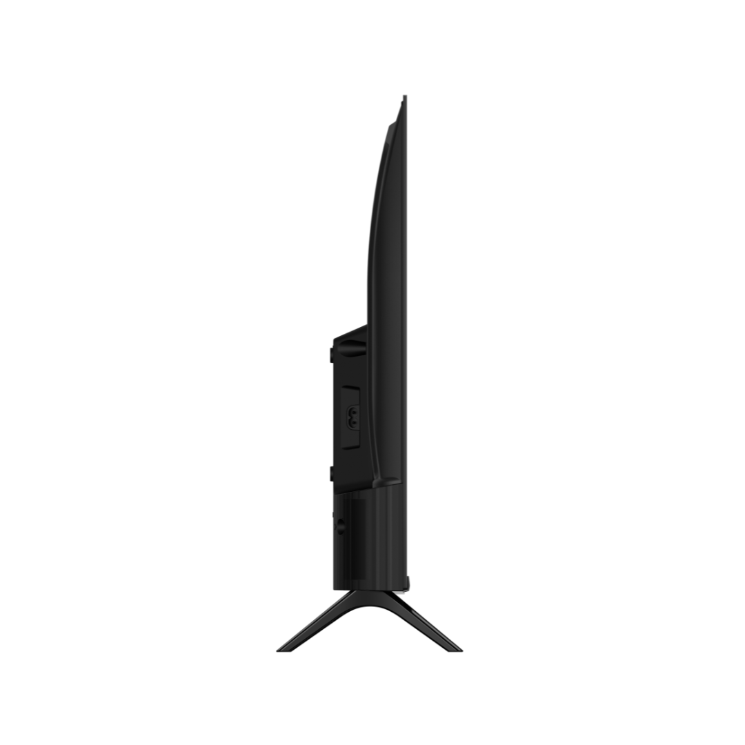Side profile of a TCL TV showcasing slim design and connection ports sitting on v-shaped legs.