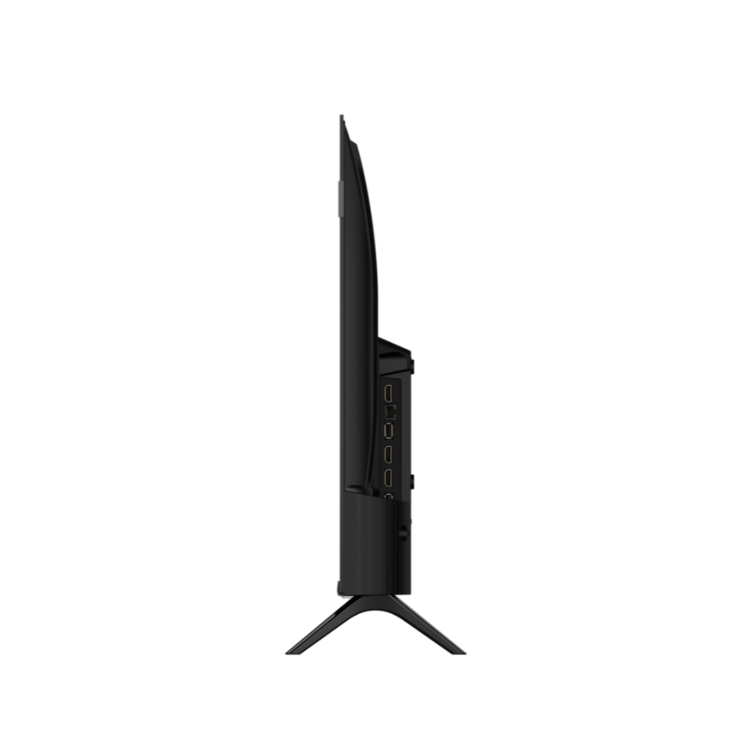 Side view of a slim TCL S5K Smart TV featuring visible HDMI and USB ports, supported by a V-shaped leg stand. 