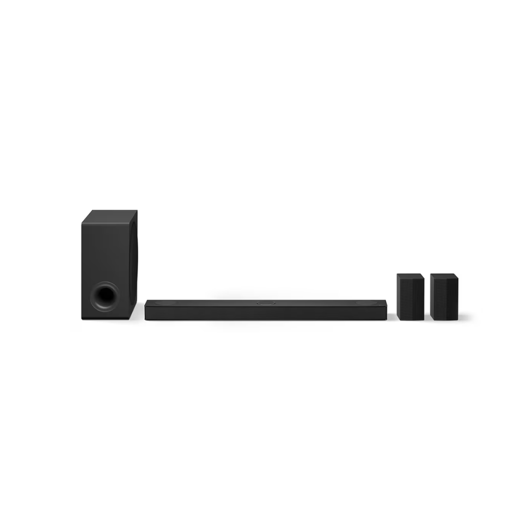 Font view of the LG Home theater soundbar system, including the subwoofer, soundbar and rear speakers, showing the sleek design and good build quality. 