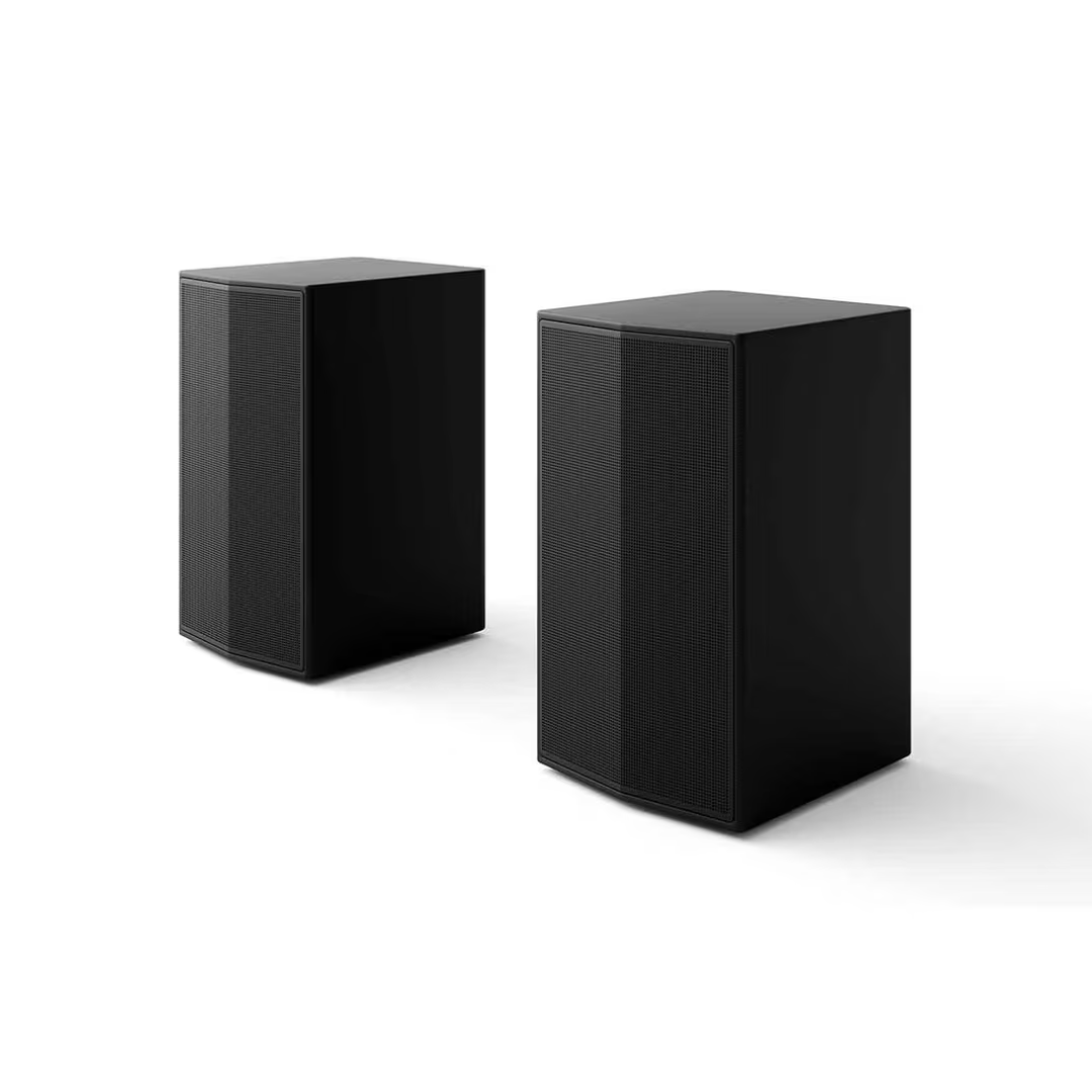 Angle view of the LG Home Theater soundbar system rear speakers. 